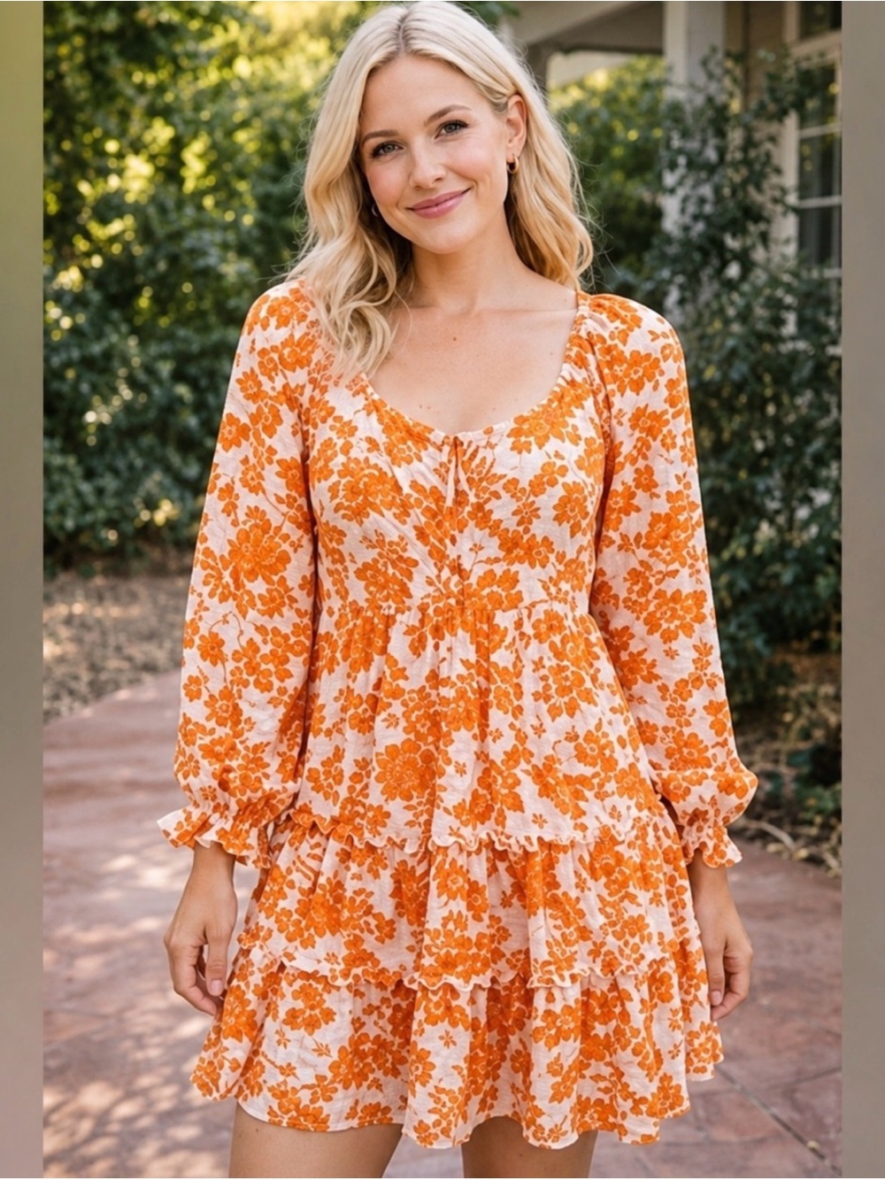 Dillards Orange & White Floral Ruffle Tiered Dress
